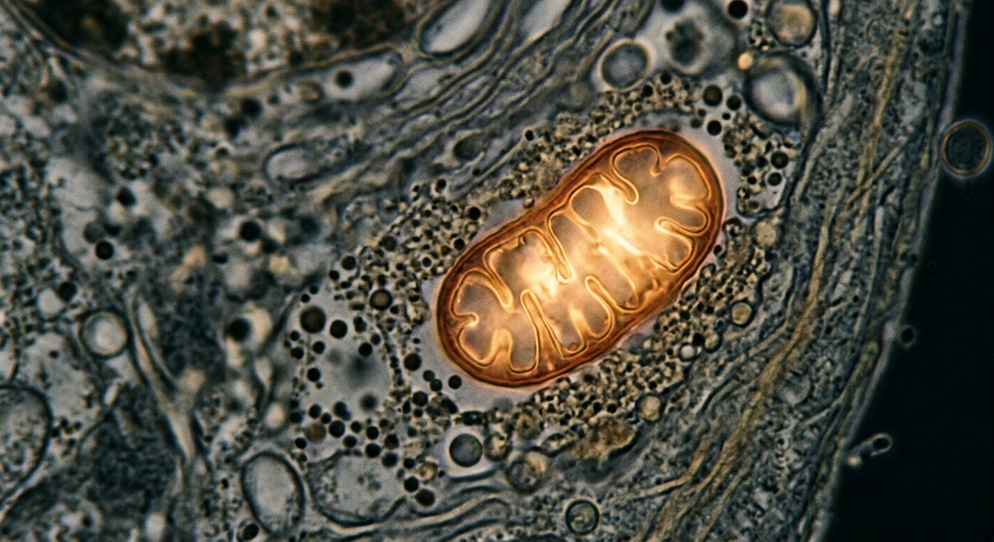 A high-resolution conceptual photo showing a glowing mitochondrion surrounded by cellular structures, symbolizing restored energy and cellular resilience in the context of chronic illness recovery
