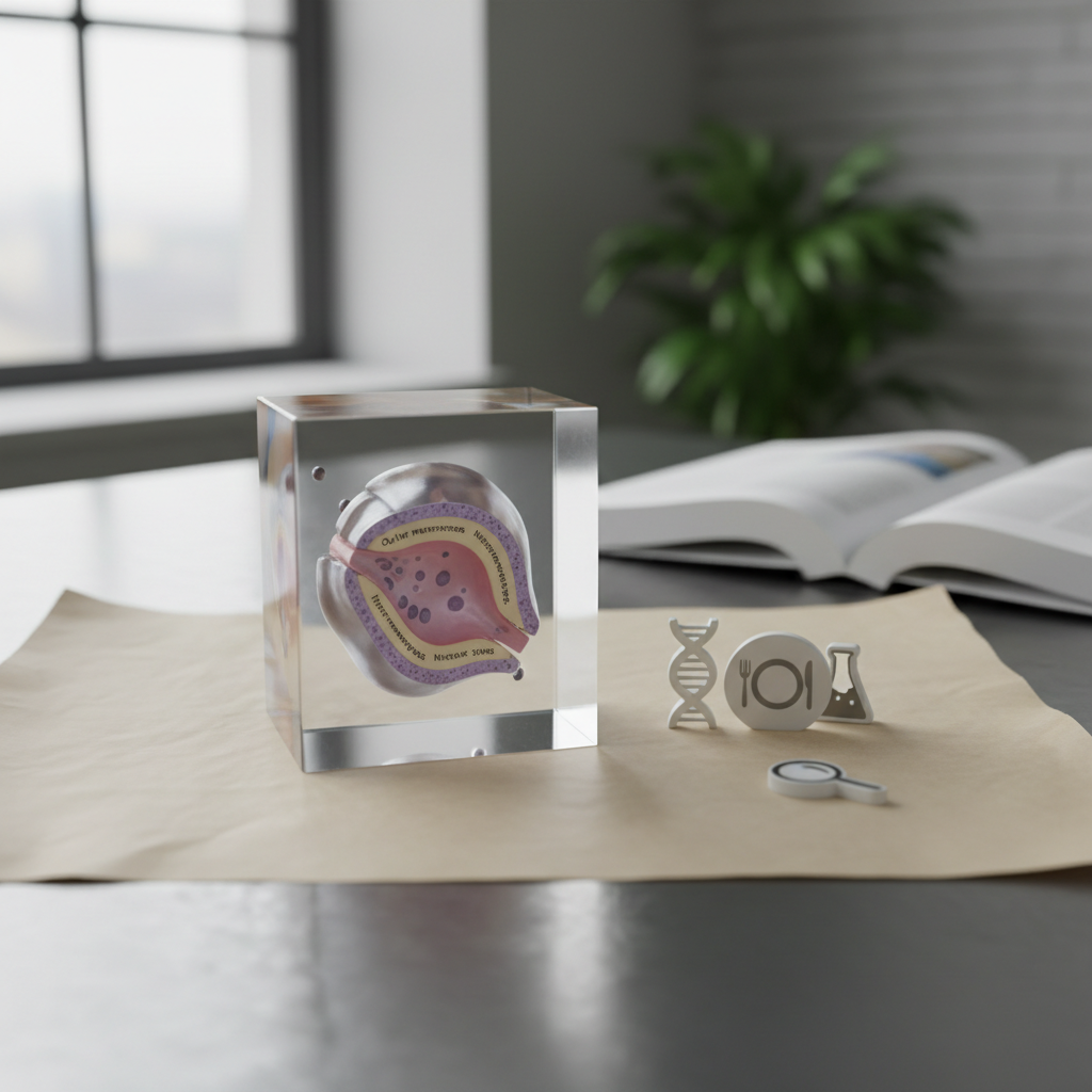 A clean, clinical illustration showing a cross-section of a mitochondrion alongside icons representing common FAQ topics such as genetics, diet, and diagnostic testing