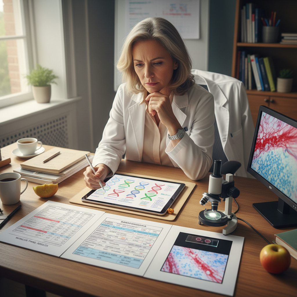 A clinician reviewing a multi-panel diagnostic report showing metabolic panel results, genetic sequencing data, and a muscle biopsy slide, representing the multi-modal workup for mitochondrial dysfunction