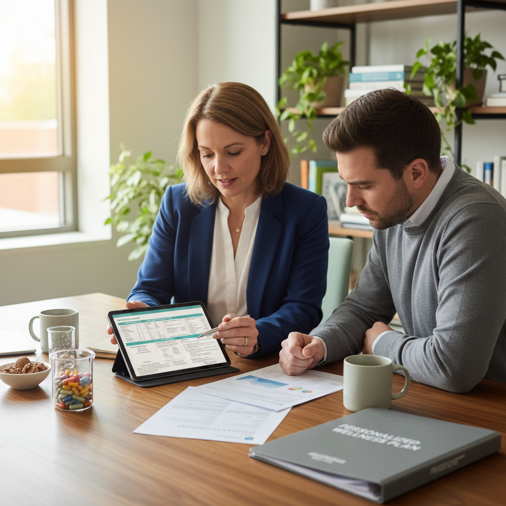 A clinical consultation scene showing a physician reviewing metabolic lab results with a patient, representing the personalized, multi-modal approach to treating mitochondrial dysfunction