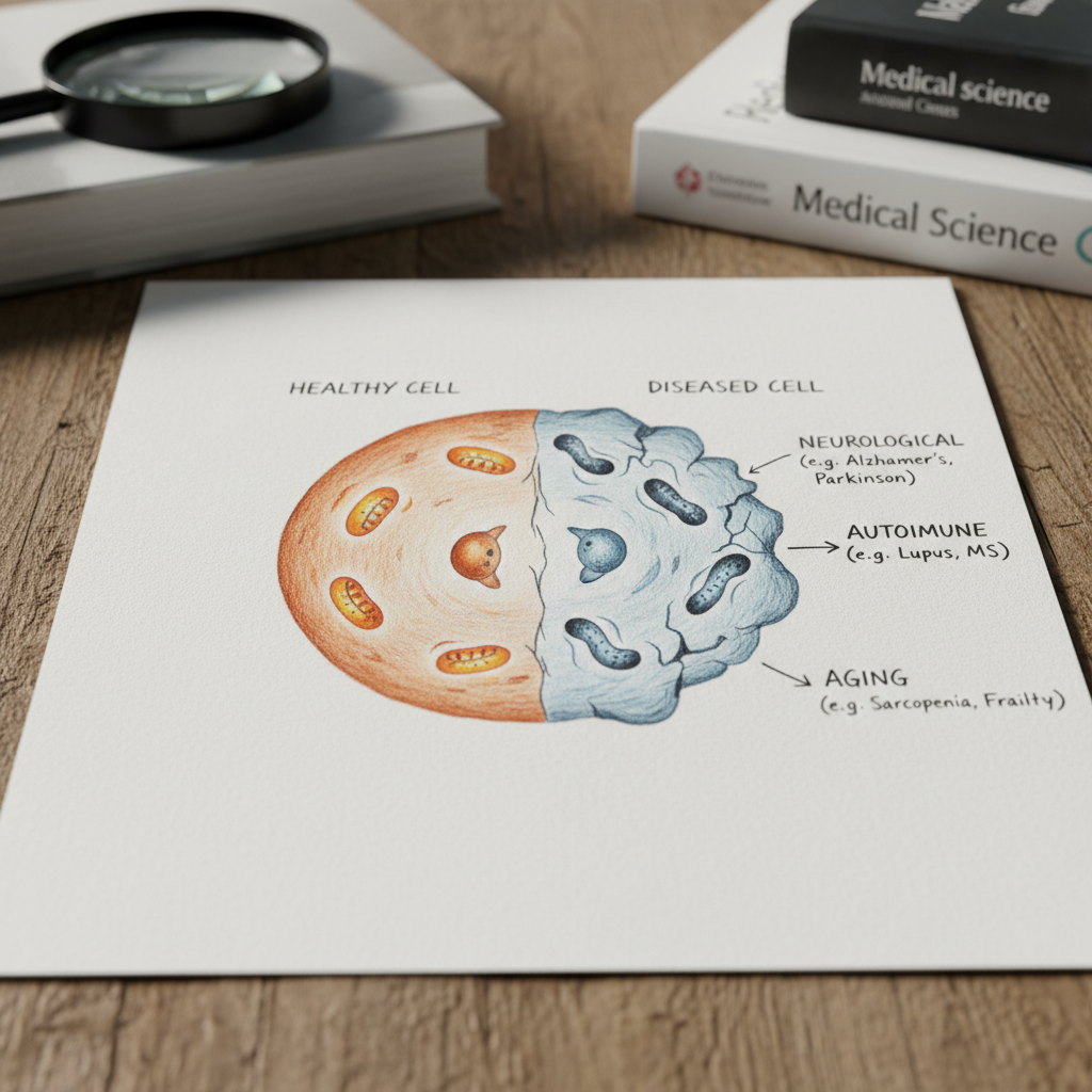 A split medical illustration showing a healthy cell with active mitochondria on one side and a diseased cell with fragmented, dysfunctional mitochondria on the other, with labeled chronic illness categories (neurological, autoimmune, aging) branching from the diseased side.