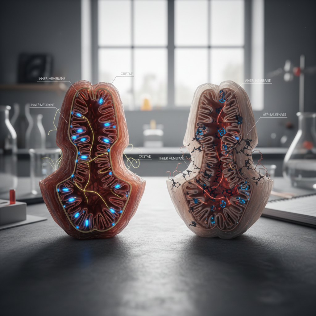 A detailed scientific illustration showing a healthy mitochondrion cross-section alongside a damaged one, with labeled inner membrane, cristae, and ATP synthase complexes, visually contrasting normal and impaired energy output.