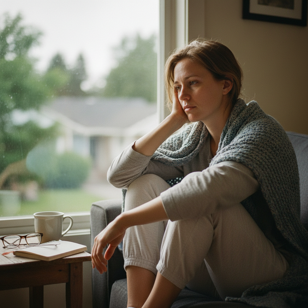 A person sitting quietly by a window with a thoughtful, tired expression, conveying the invisible emotional weight of living with a chronic energy-limiting condition