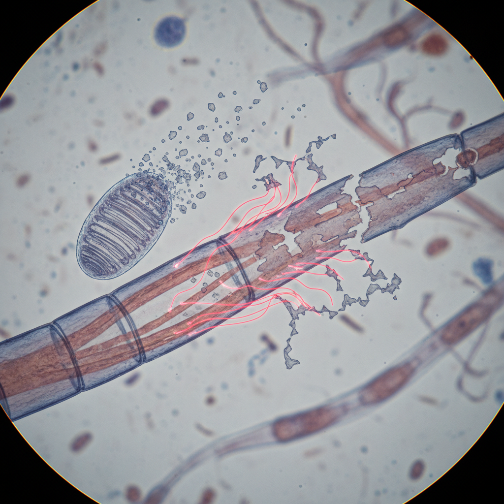 A detailed medical illustration showing a cross-section of a nerve fiber alongside a mitochondrion, with visual indicators of energy depletion causing axonal degeneration and demyelination