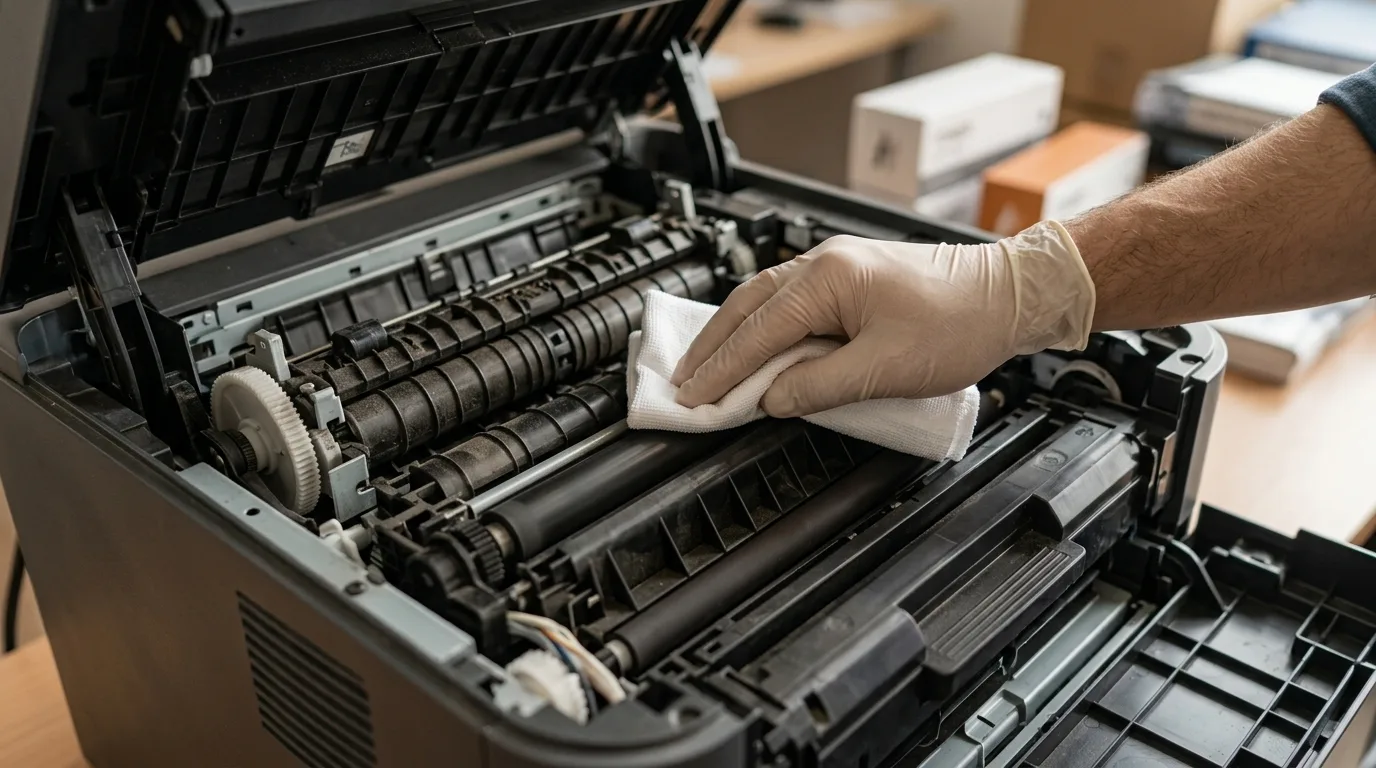 Hand maakt met een pluisvrije doek de papierrollen van een printer schoon tijdens onderhoud