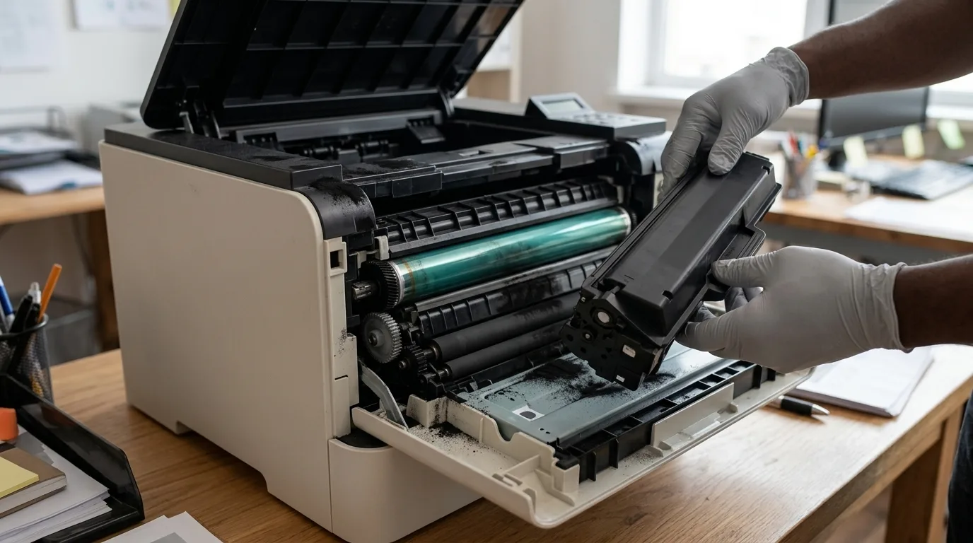Open laserprinter met zichtbare beeldtrommel en tonercartridge en wat tonerstof op de rollen