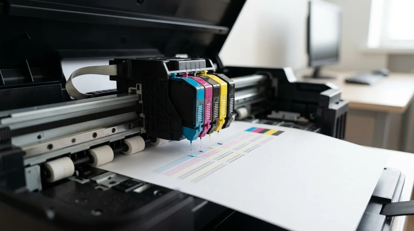 Printkop van een inkjetprinter boven een testpagina tijdens een reinigingscyclus