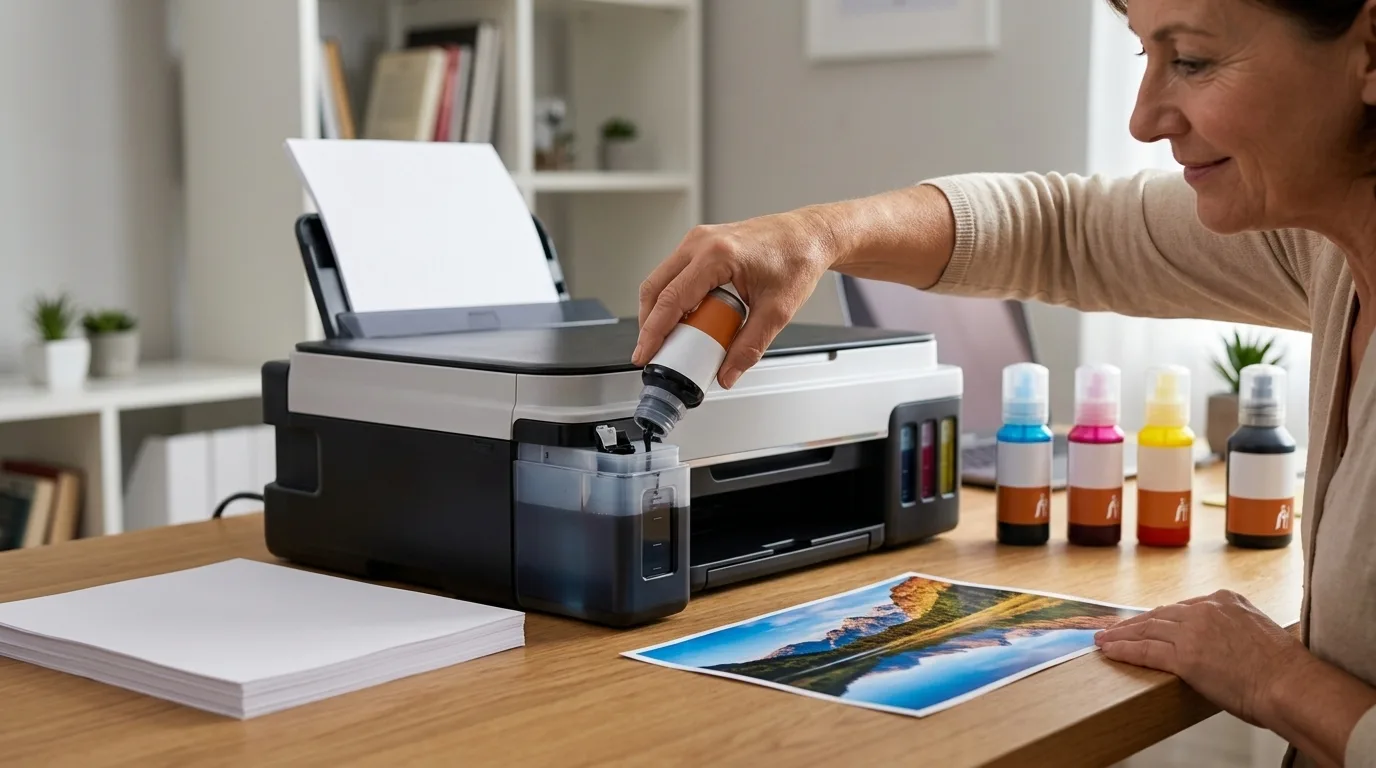 Wat is een printer met inkttank? - photorealistic editorial photograph