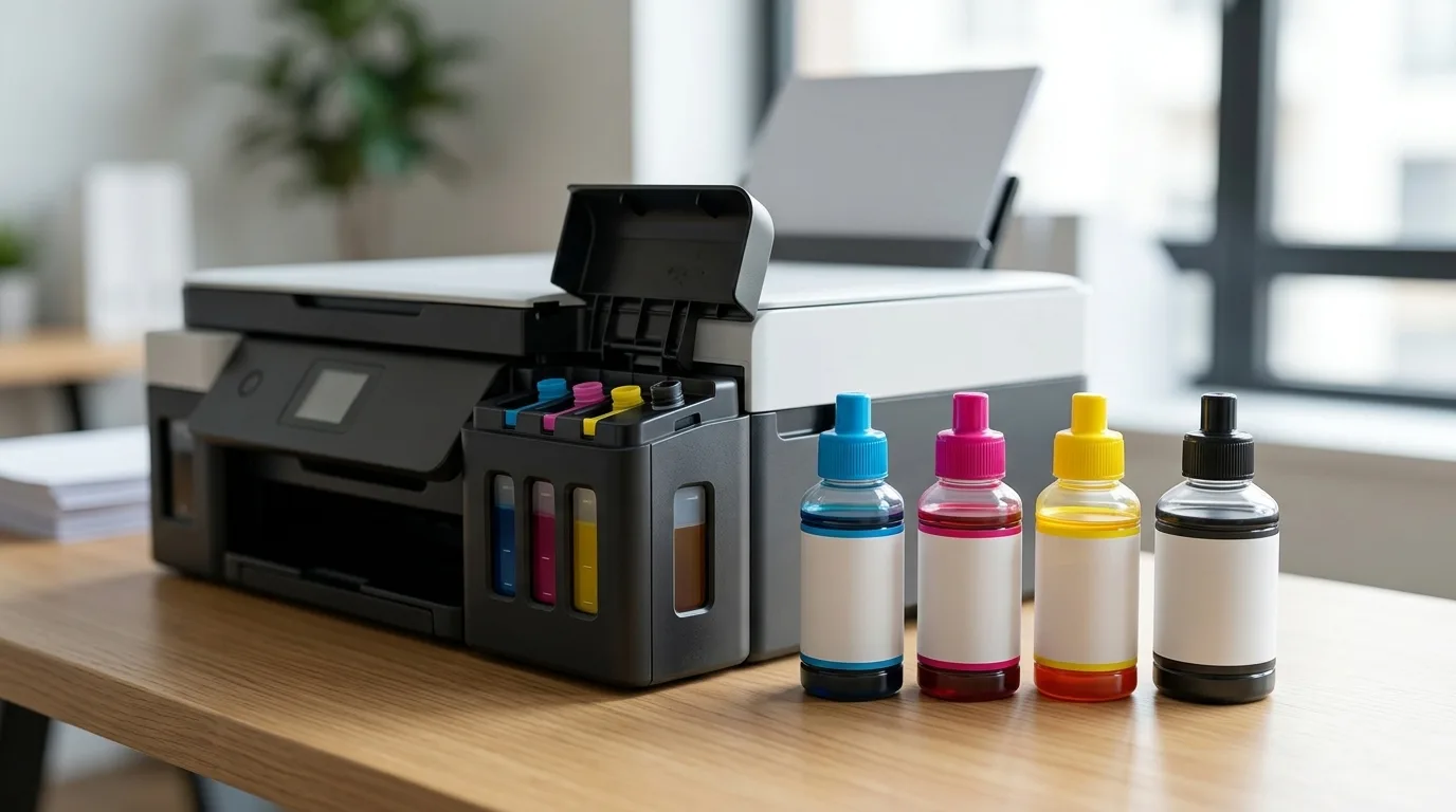 Vier flesjes navulinkt in cyaan, magenta, geel en zwart naast een printer met inkttank