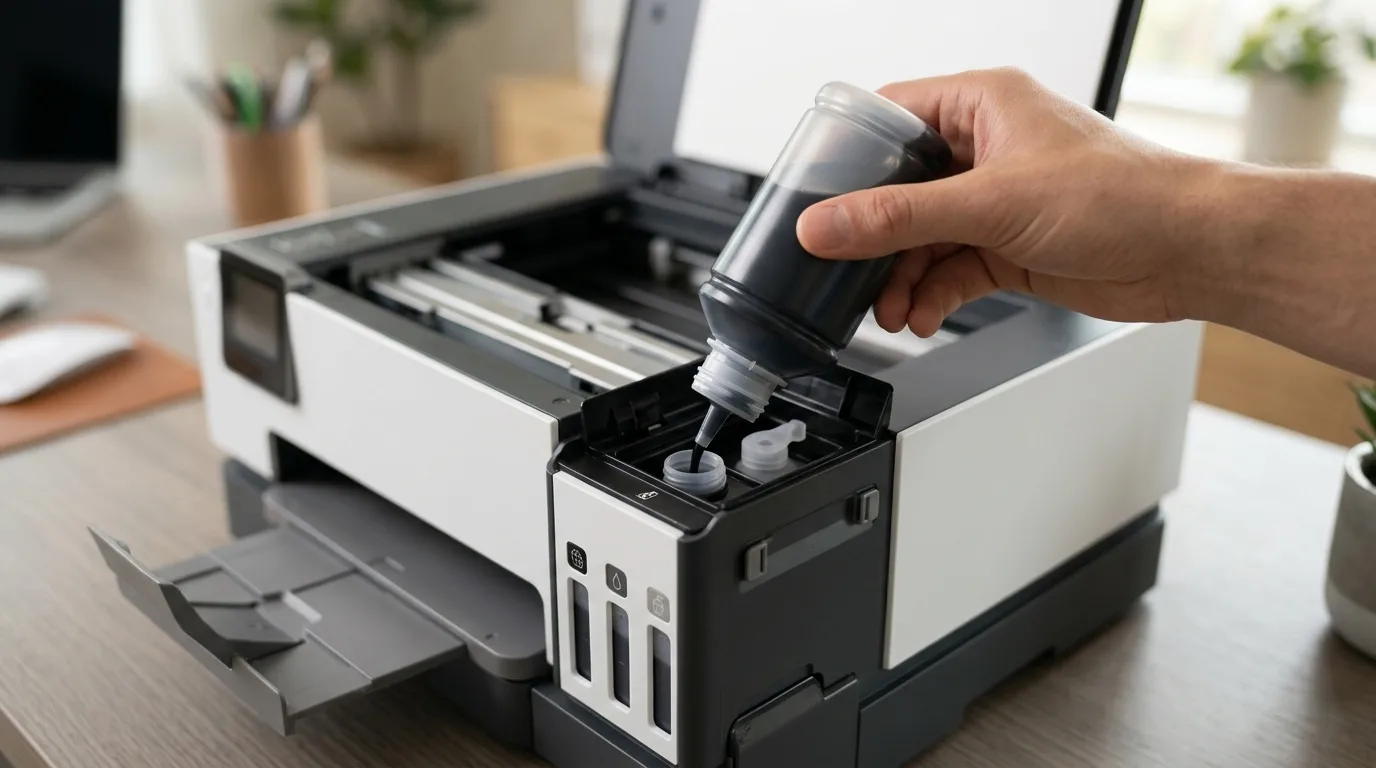 Hand schenkt zwarte navulinkt uit een flesje in de inkttank van een printer, zonder morsen