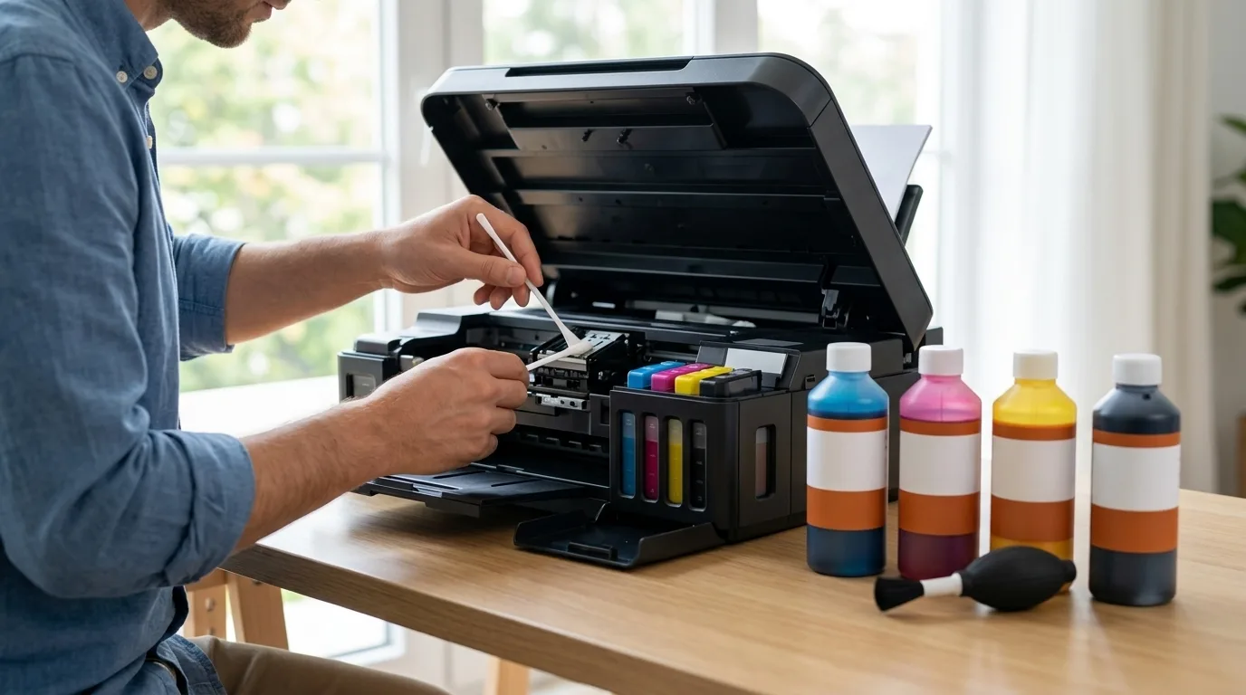 Onderhoud van je printer met inkttank - photorealistic editorial photograph