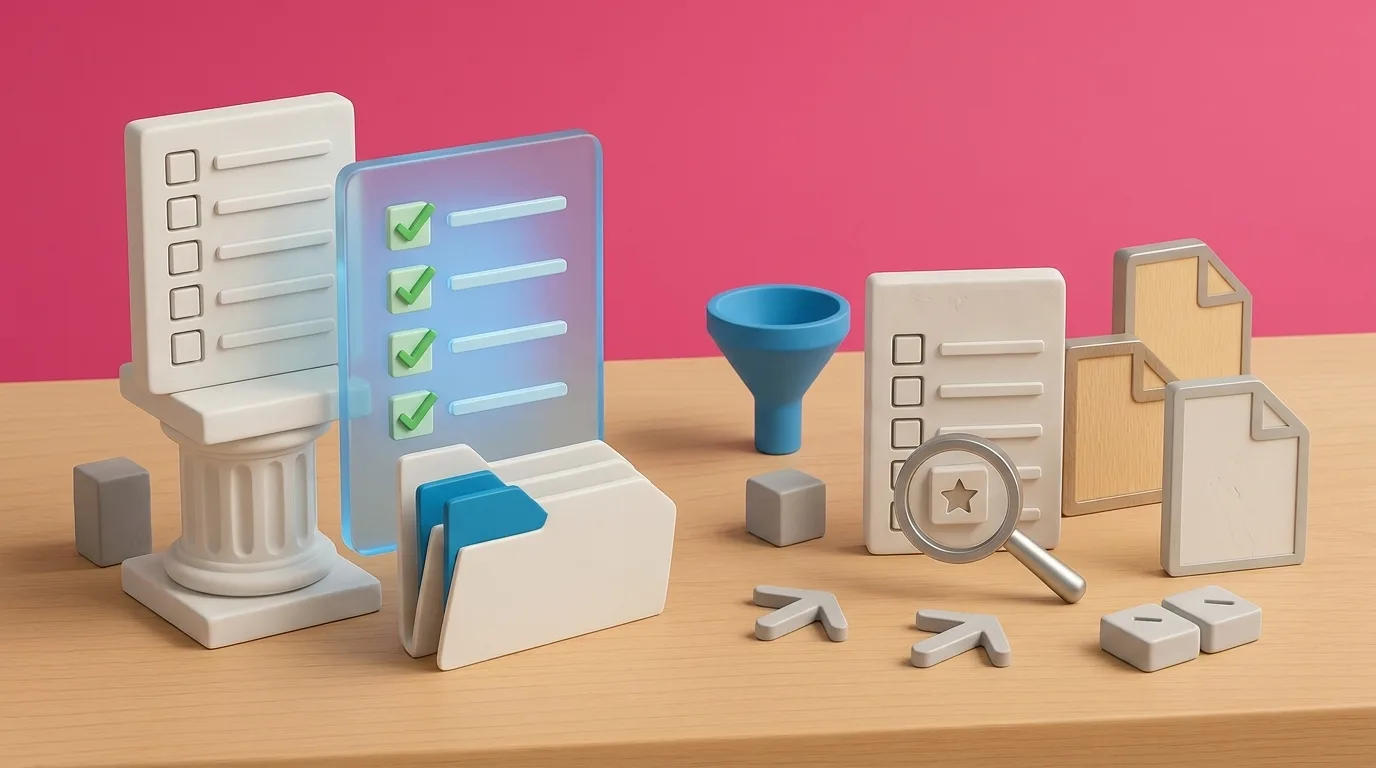 Checklists, documents and a filter funnel comparing required and recommended product attributes