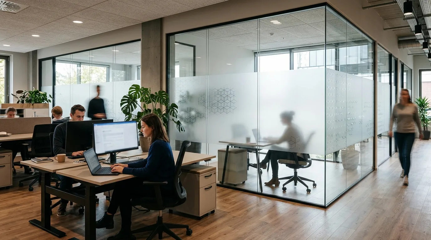Een modern kantoorinterieur met ramen voorzien van privacyfolie, waarachter mensen comfortabel werken.