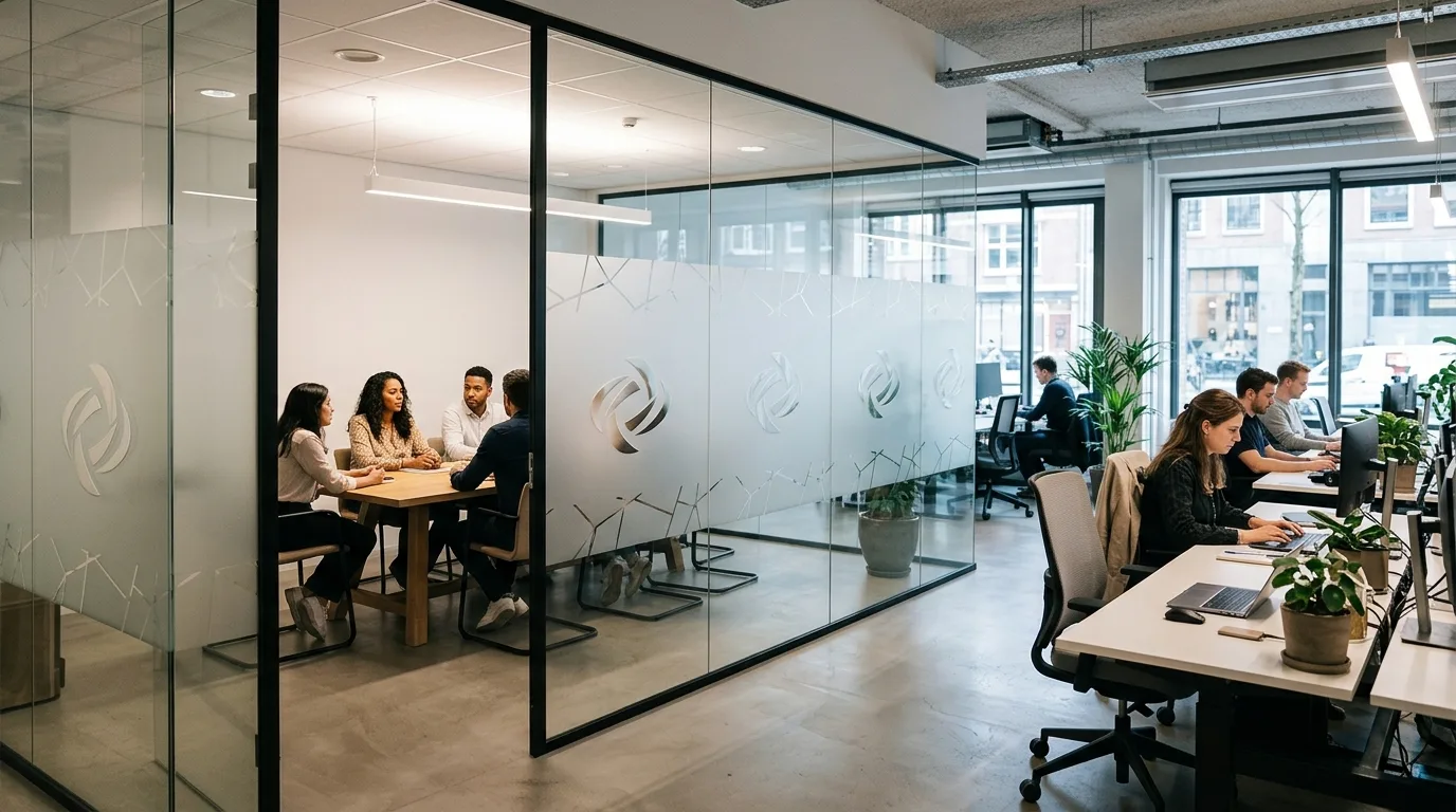 Een kantoorinterieur met raamfolie waarin het bedrijfslogo is verwerkt, voor zowel privacy als branding.