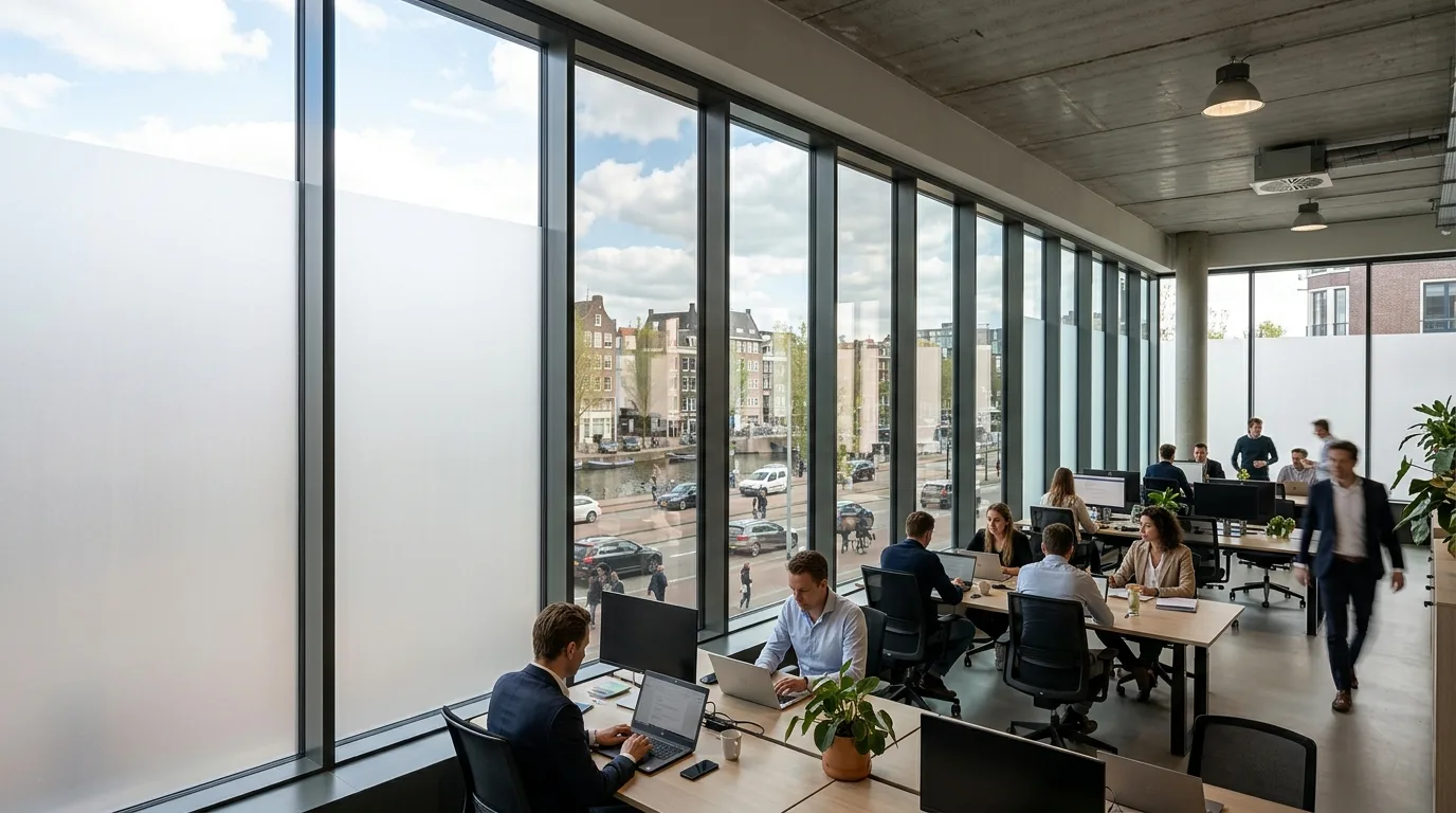 Een kantoorinterieur met ramen voorzien van verschillende soorten raamfolie, waaronder melkglasfolie en reflecterende zonwerende folie.