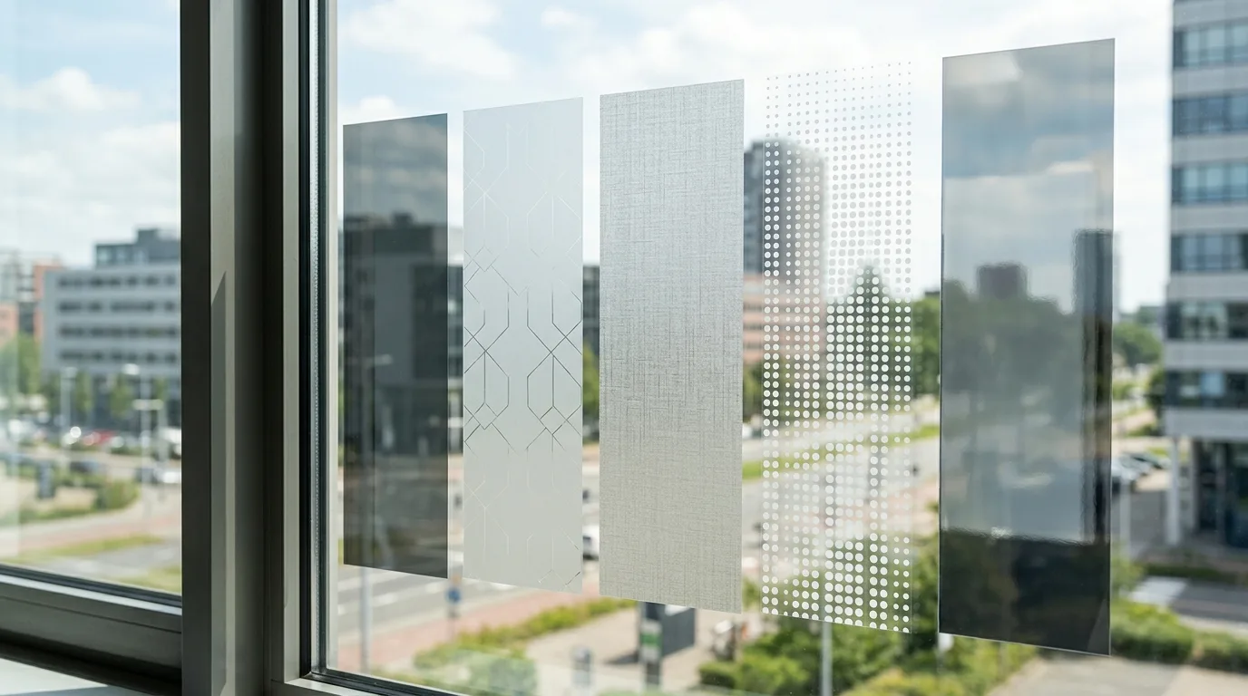 Detailfoto van verschillende soorten raamfolie, waaronder getinte zonwerende folie en decoratieve wrapfolie.