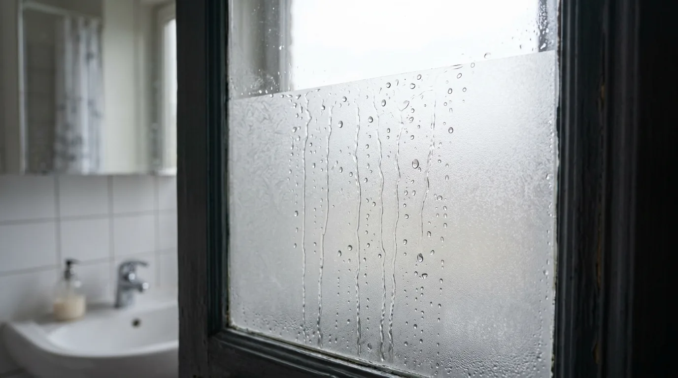 Close-up van raamfolie in een badkamer, met waterdruppels die van het oppervlak afglijden, wat de vochtbestendigheid aantoont.