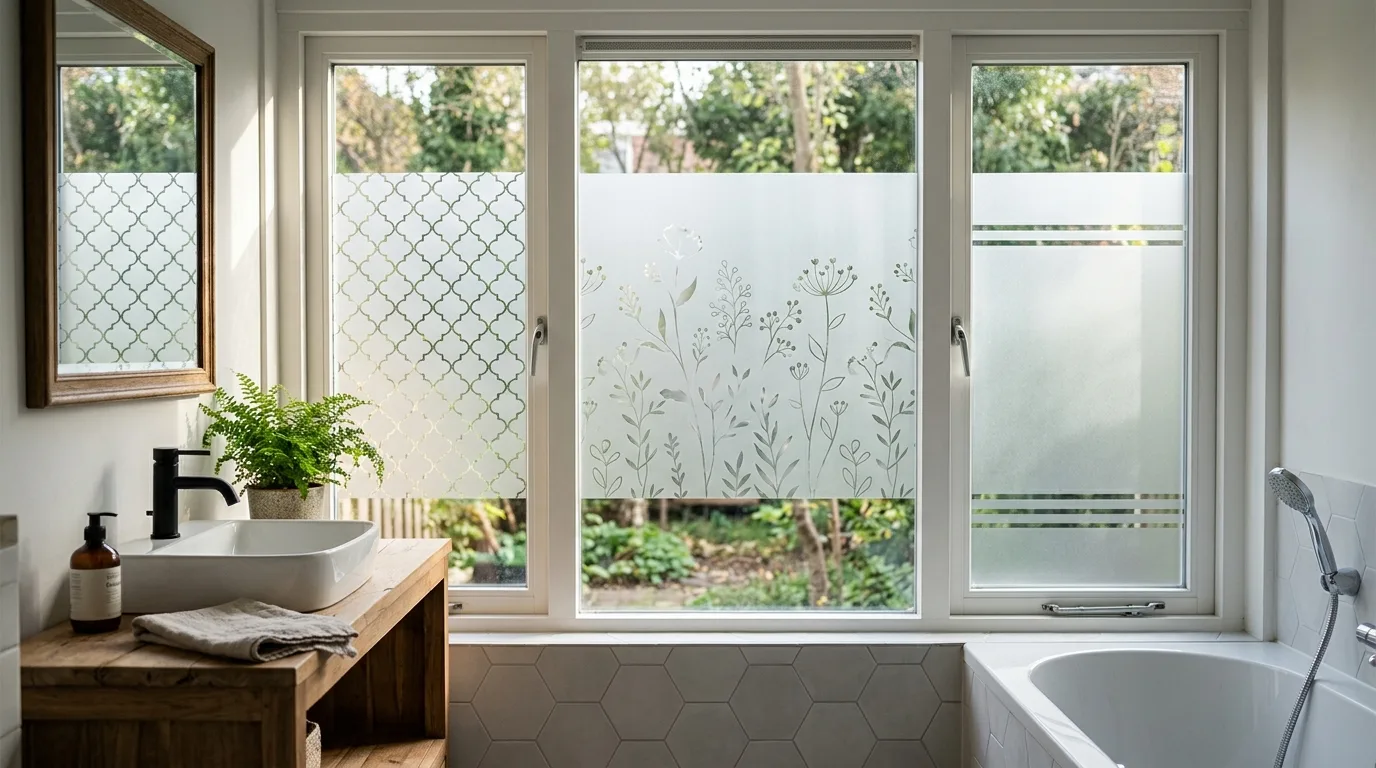 Voorbeelden van decoratieve raamfolie met verschillende designs in badkamers.