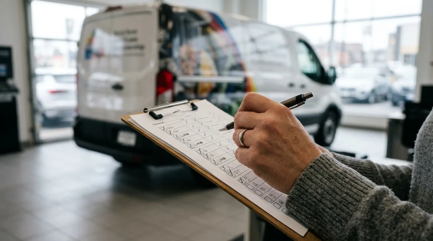 Een hand met een checklist over regelgeving voor voertuigreclame