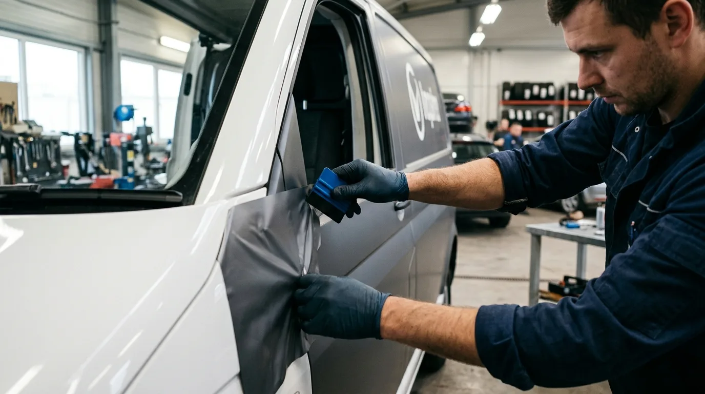 Een detailopname van een monteur die zorgvuldig autofolie aanbrengt op een bedrijfswagen.