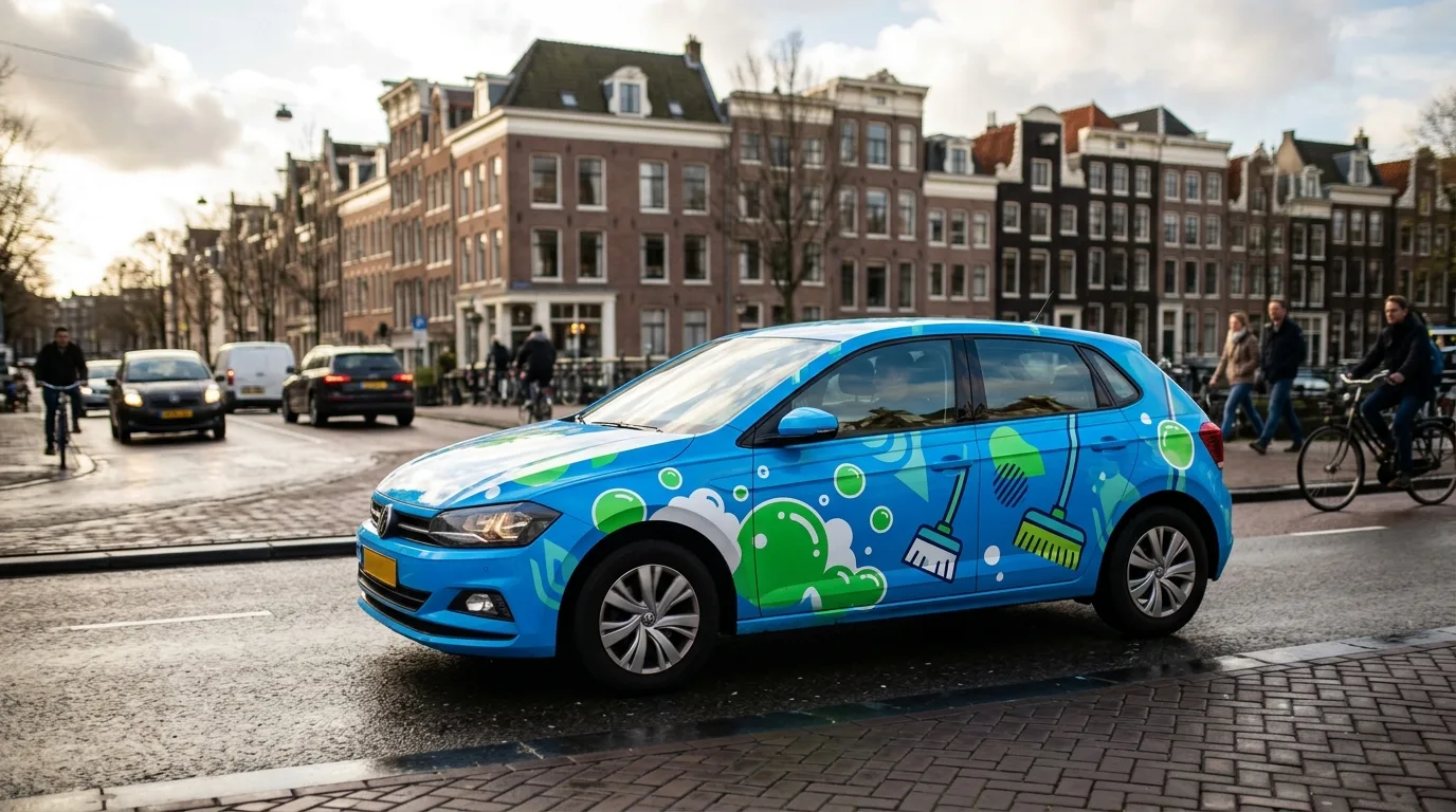 Een auto met opvallende reclame van een extern bedrijf