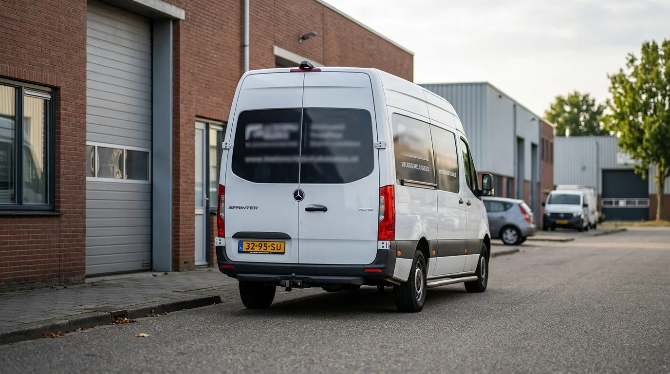 Bedrijfsbus met belettering waarbij kentekenplaat en achterlichten volledig vrij zijn gelaten