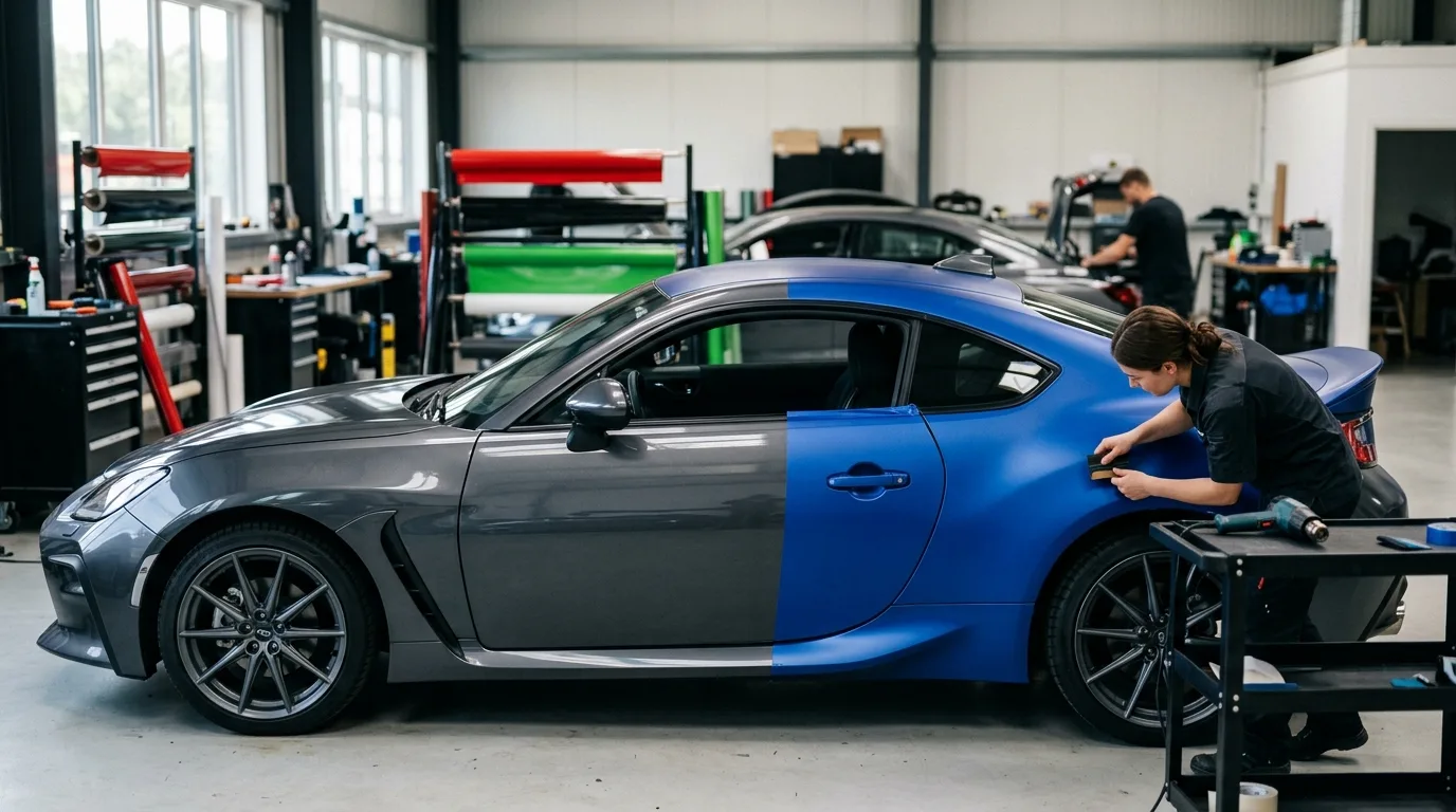 Een auto die half gewrapt is, met duidelijke kleurverschillen tussen de originele lak en de wrap.
