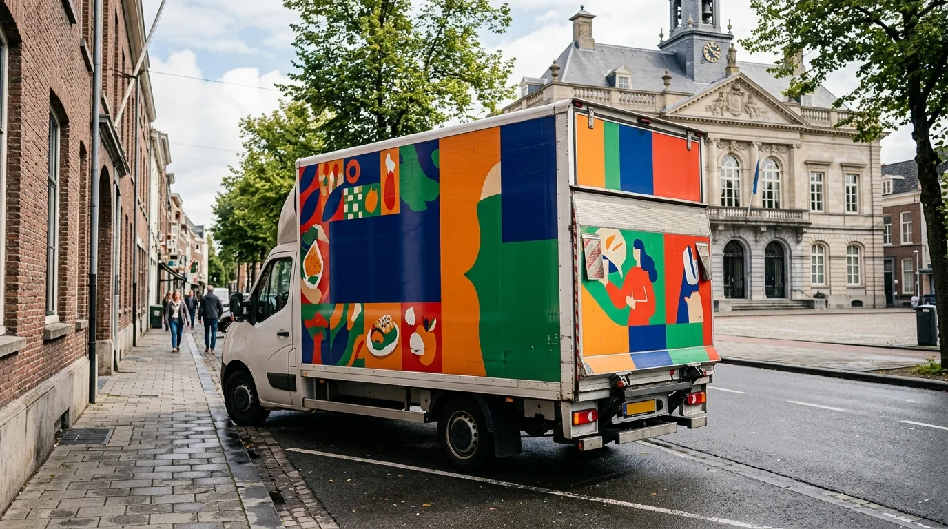 Een vrachtwagen met uitgebreide reclame is geparkeerd in een stedelijke omgeving, met op de achtergrond een gemeentelijk gebouw.