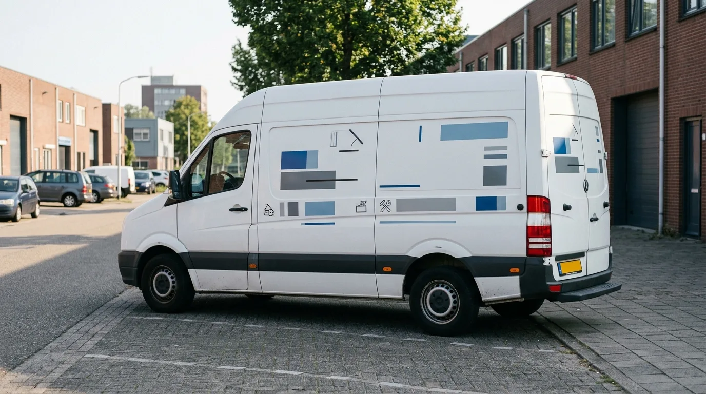 Bestelbus met belettering op de zijkant waarbij de voorruit en de ruiten naast de bestuurder volledig vrij zijn gelaten