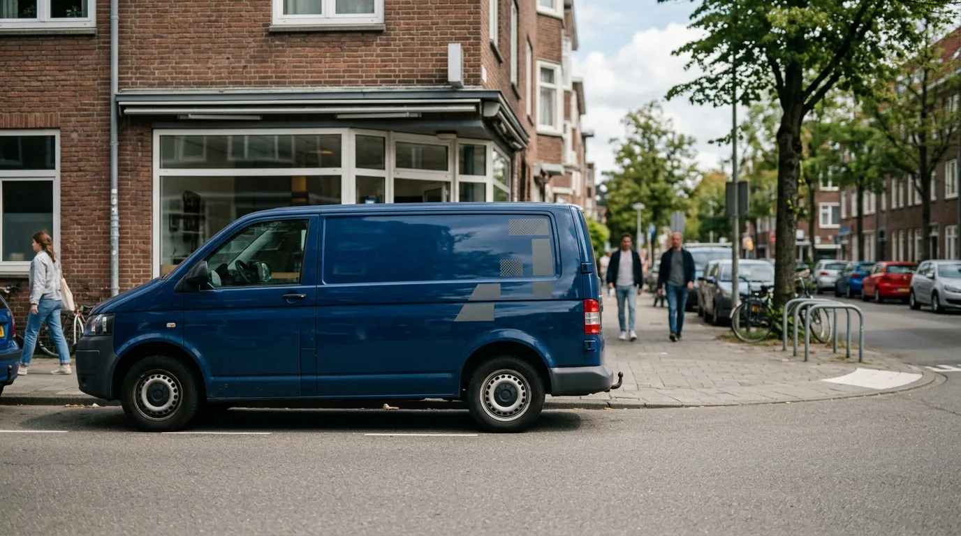 Een bestelbus met subtiele, niet-reflecterende belettering die geen verwarring veroorzaakt met hulpdiensten.