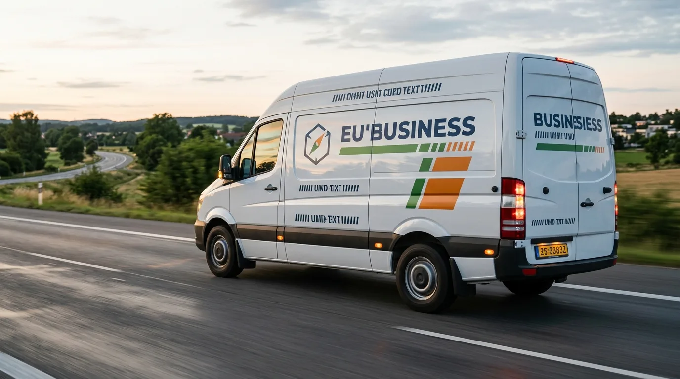 Een moderne bestelbus met duidelijke bedrijfsbelettering en logo, rijdend op een weg. Het kenteken en de verlichting zijn goed zichtbaar.