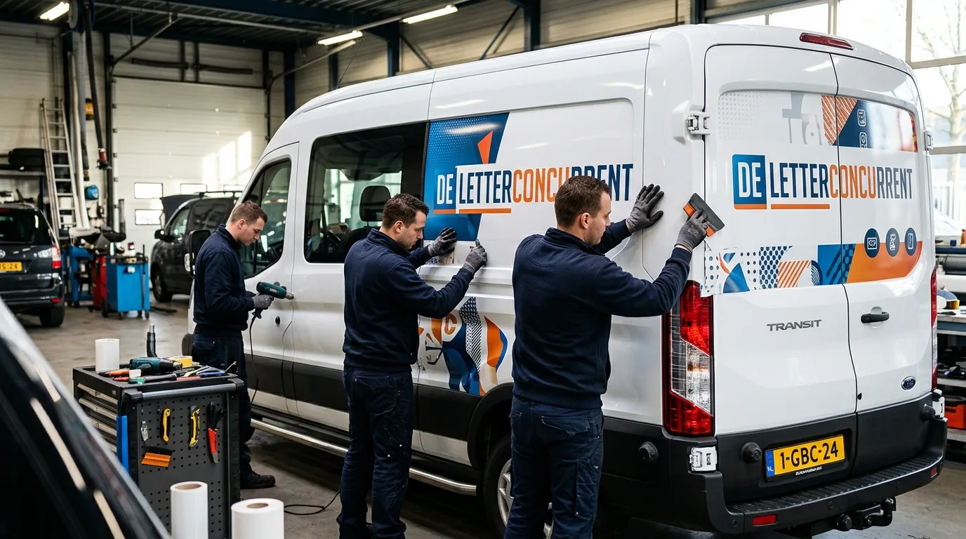 Een team van monteurs van De Letterconcurrent die een bedrijfswagen van belettering voorzien, met aandacht voor details als kenteken en verlichting.