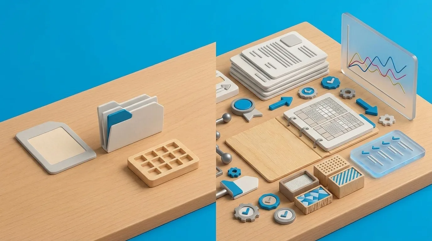 Sparse product folder on one side and a fully detailed product record on the other, showing attribute gaps an audit would find