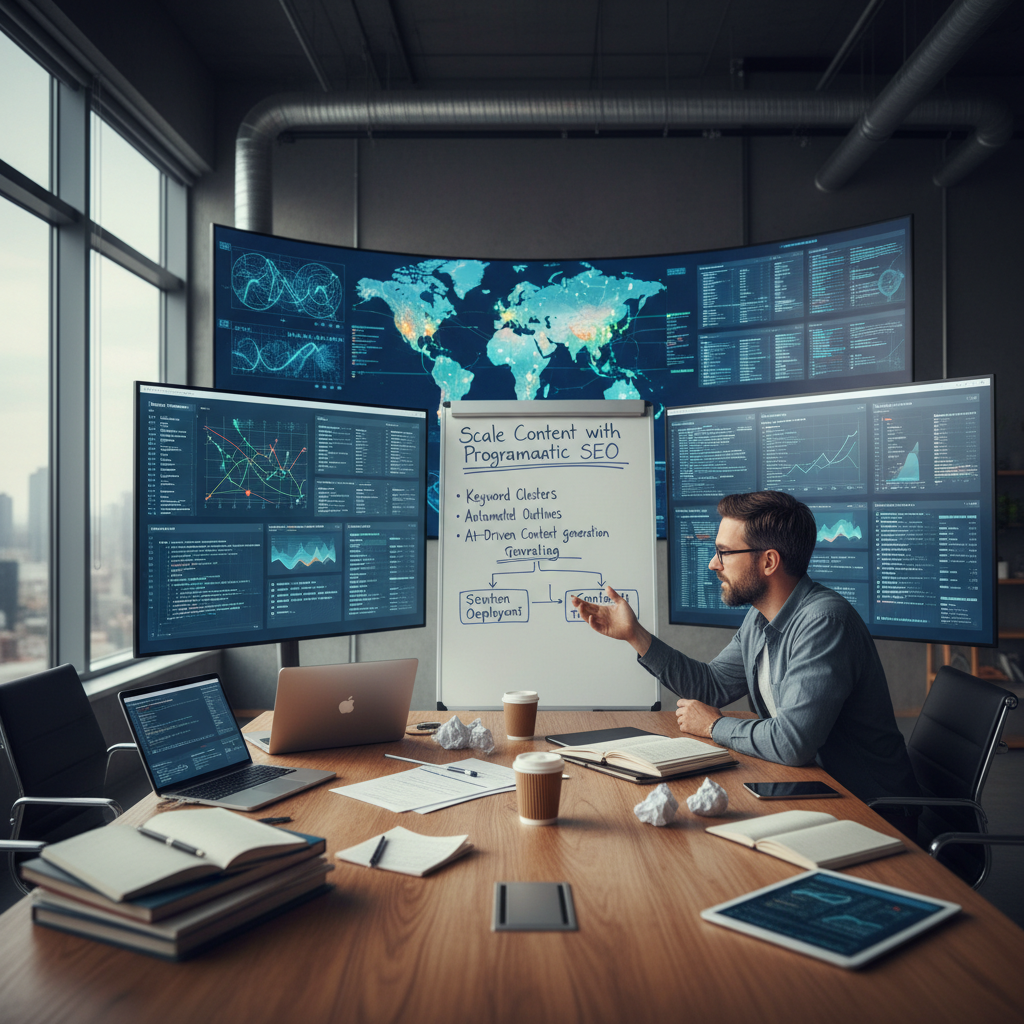 A professional editor working on multiple laptop screens and charts to show how to scale content with programmatic SEO