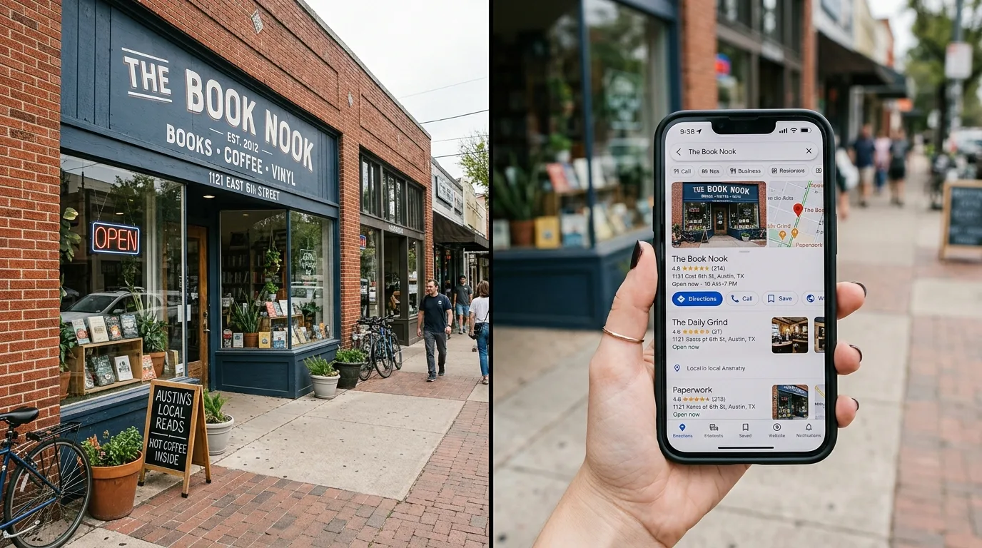 A split-screen photo showing an Austin small business storefront on the left and a smartphone displaying Google local search results on the right, illustrating the connection between physical presence and online visibility