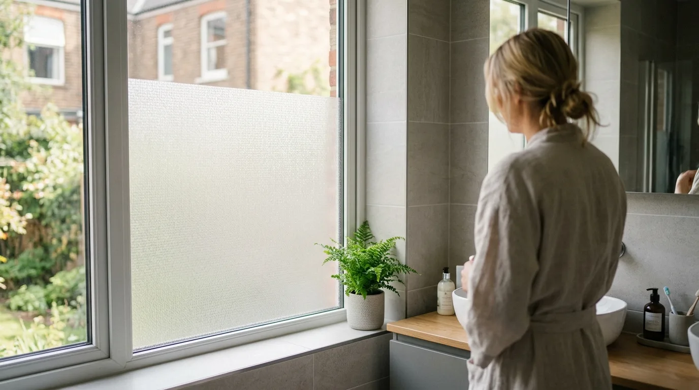 Statische raamfolie die privacy geeft in een badkamer.