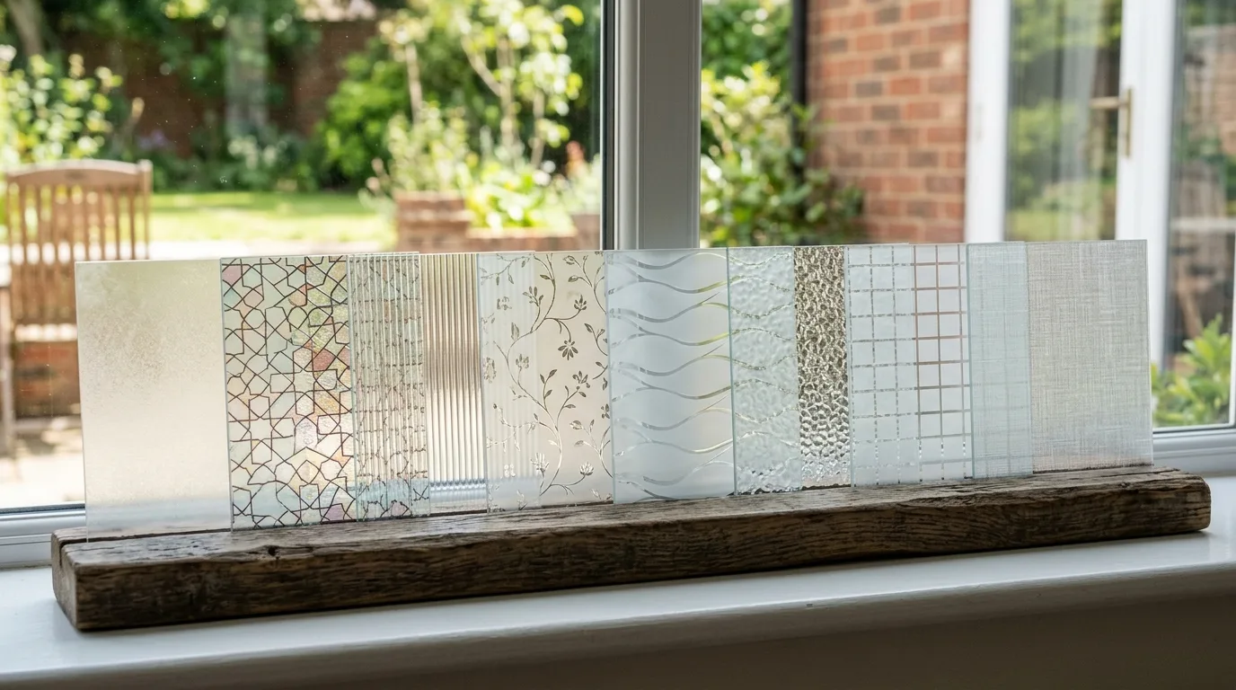 Verschillende patronen en texturen van statische raamfolie op kleine glaspanelen.