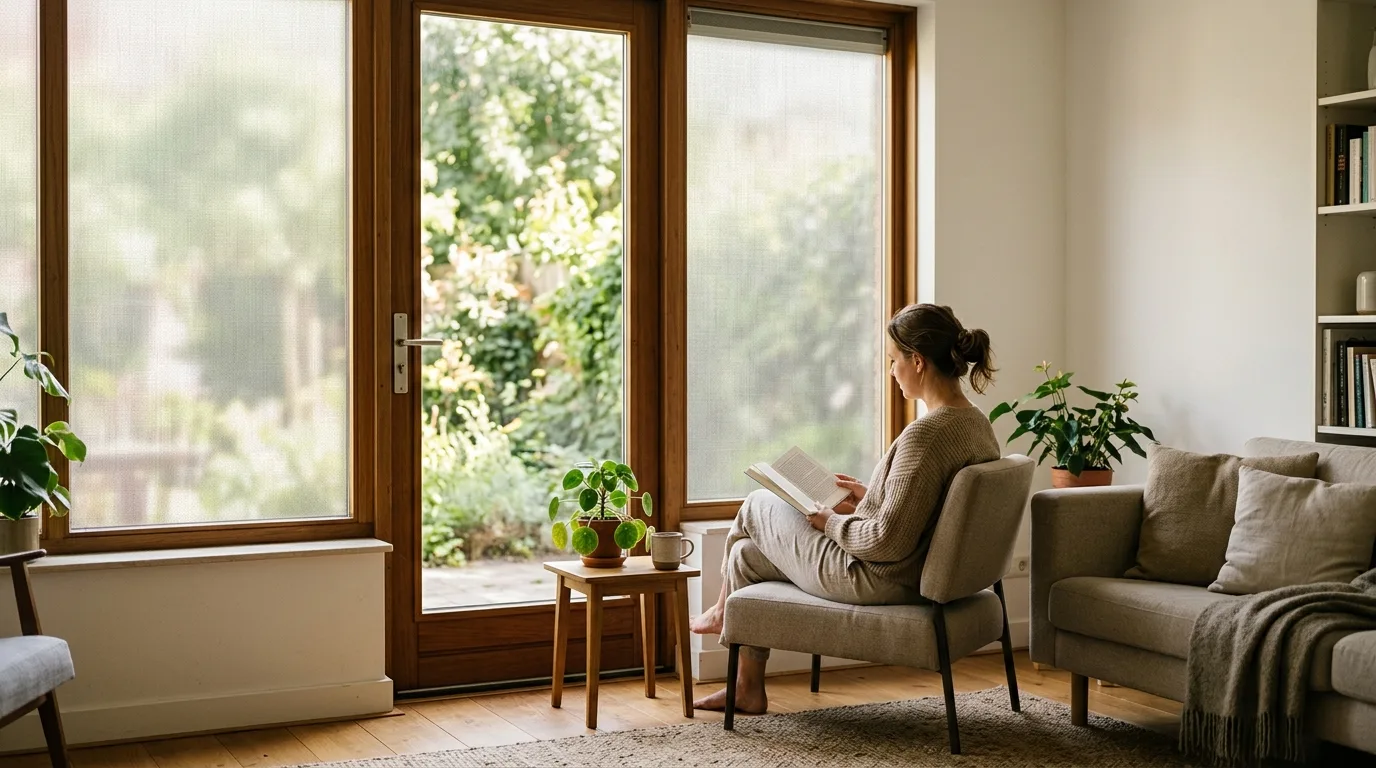 Een interieur met ramen voorzien van textiel raamfolie, waarbij privacy behouden blijft maar licht nog steeds binnenvalt.