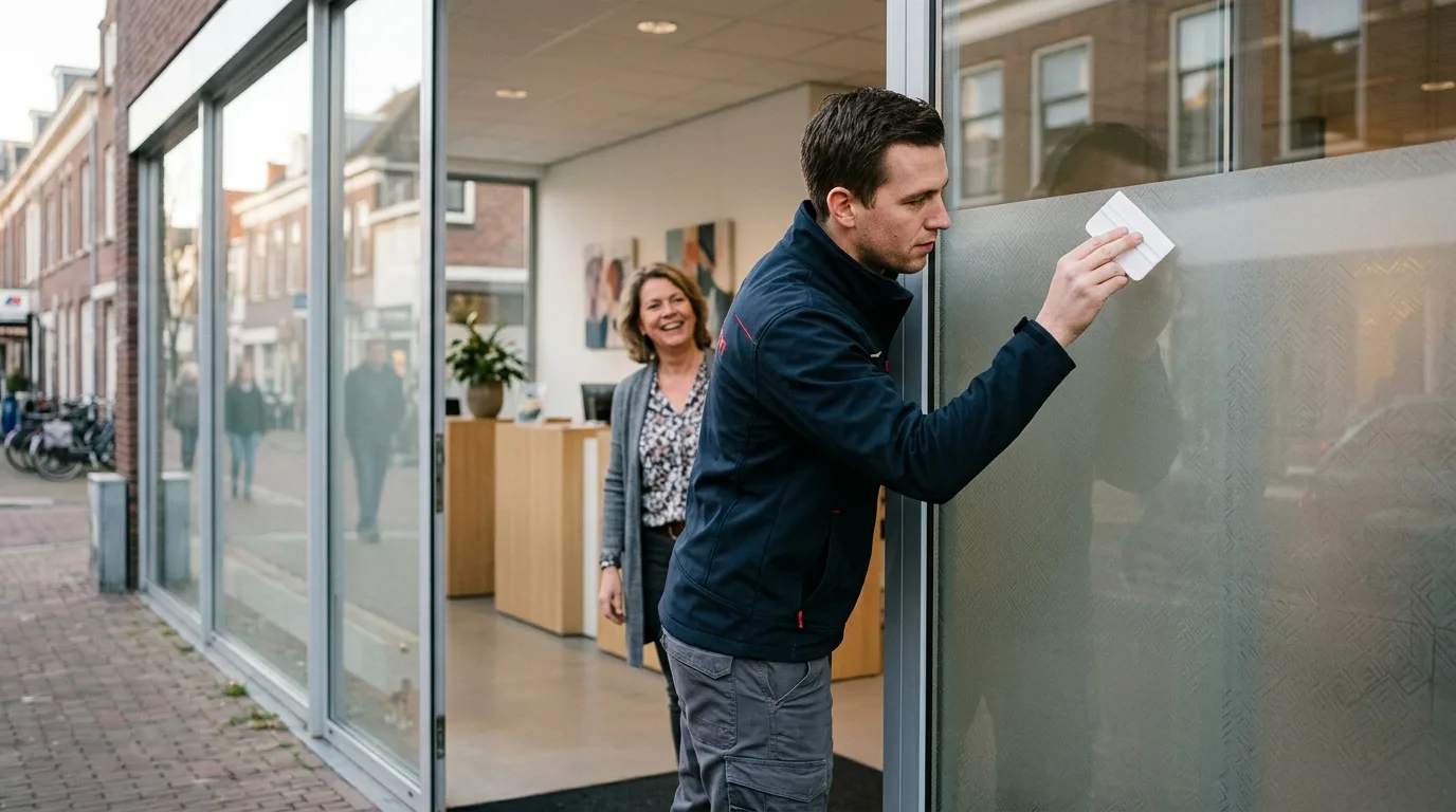 Een teamlid van De Letterconcurrent die een raamfolie inspecteert na installatie, met een tevreden klant op de achtergrond.