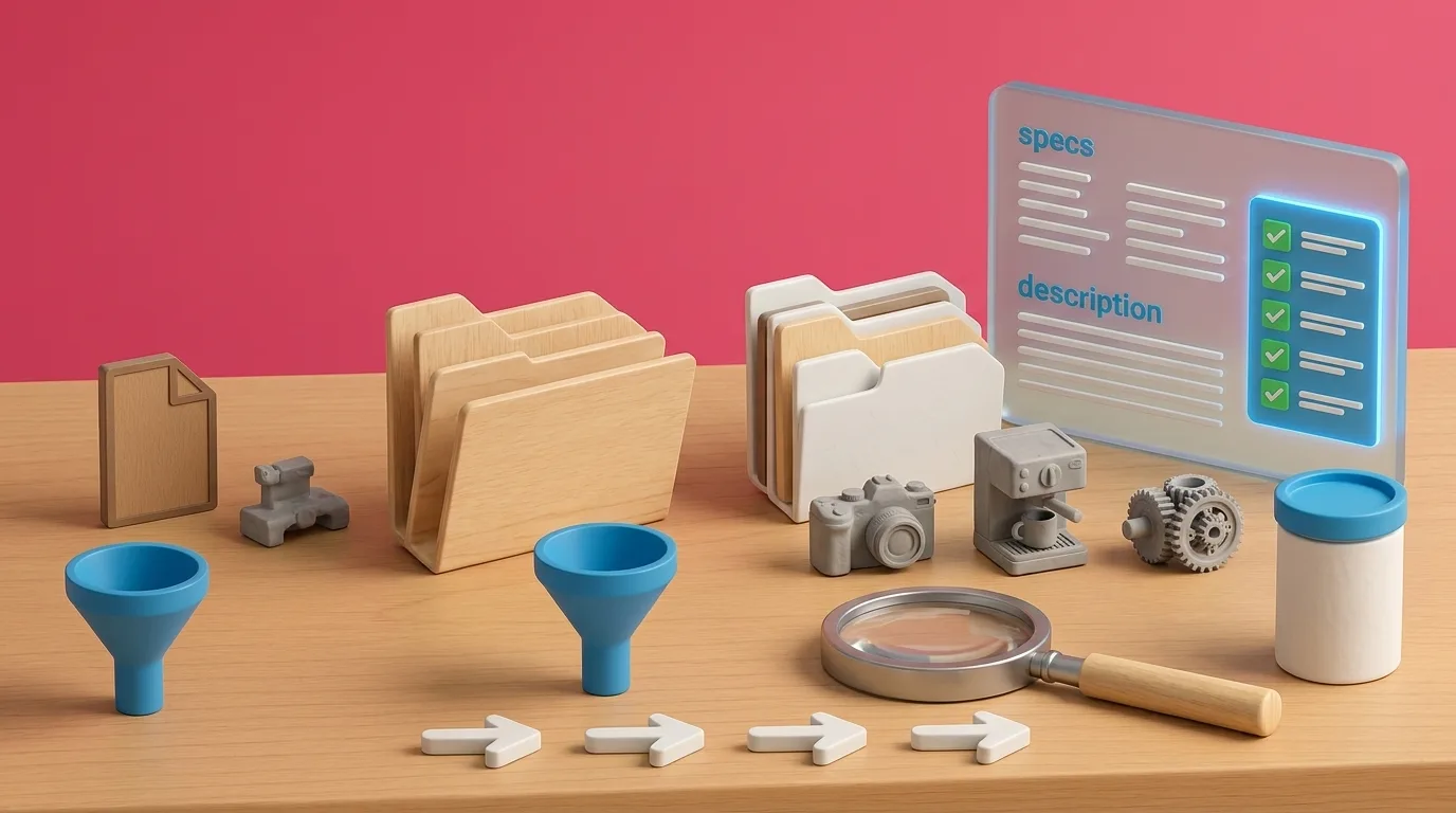 Product folders, camera models and a filter funnel next to a panel with complete specifications and description