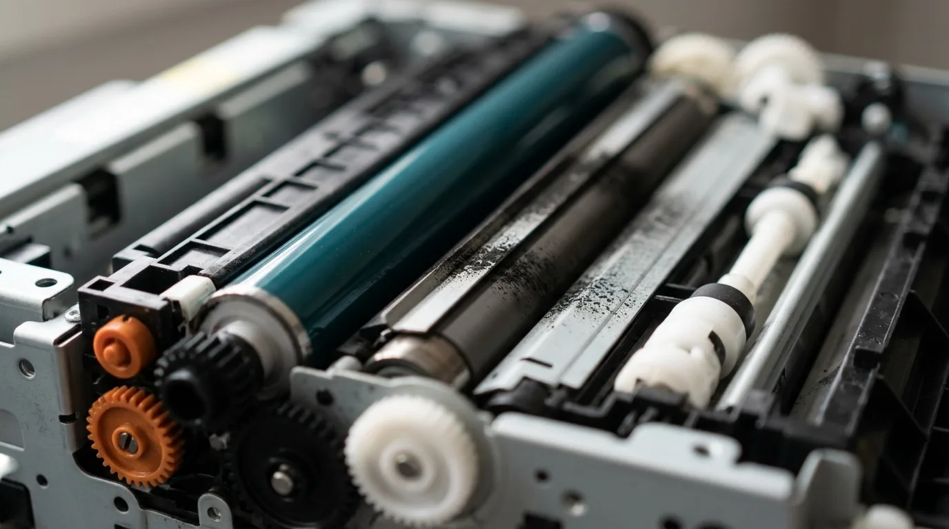 Beeldtrommel en rol binnenin een laserprinter, scherpe macro-opname