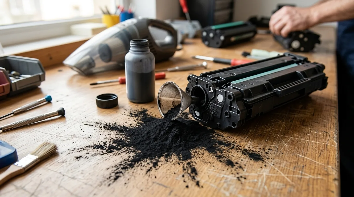 Gemorst fijn tonerpoeder naast de vulopening van een lasercartridge op een werkbank