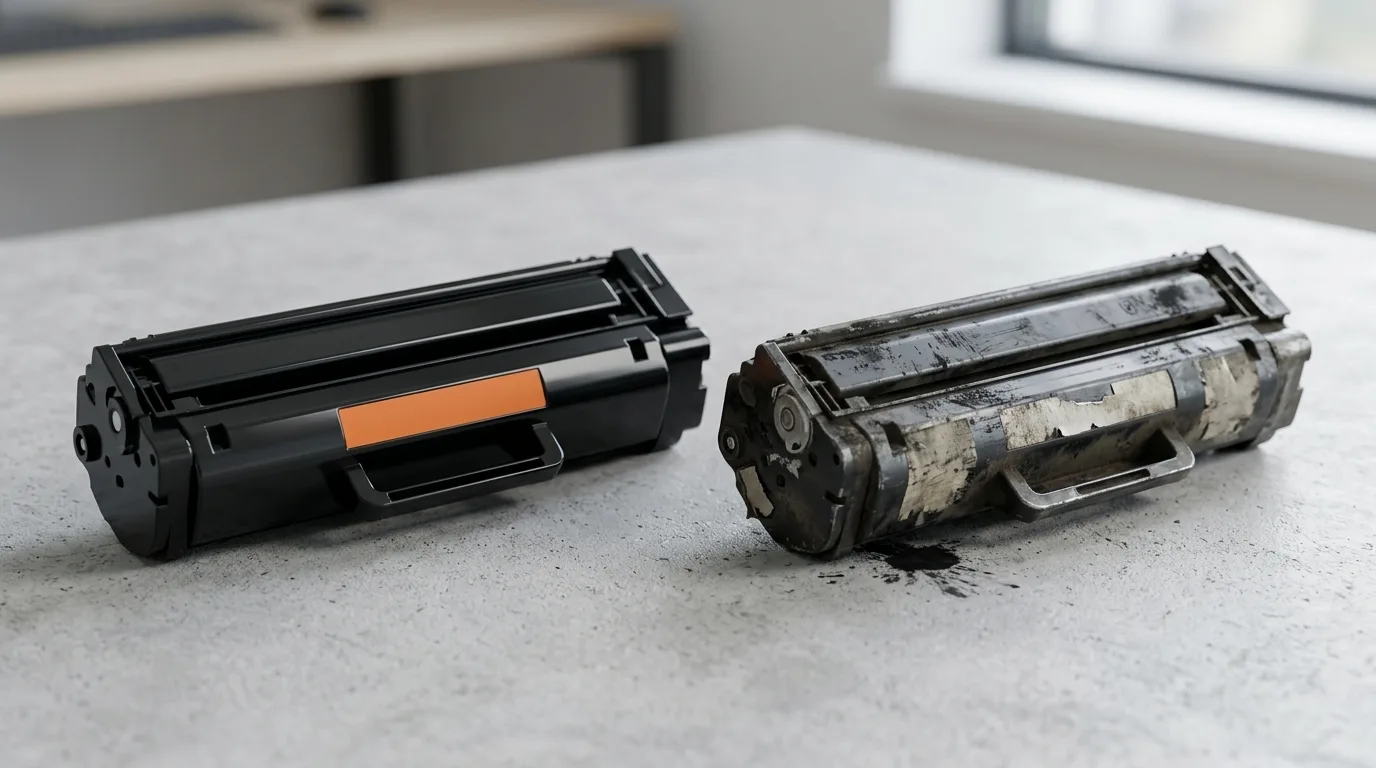Nieuwe huismerk-lasertoner naast een versleten lege cartridge op een neutrale achtergrond