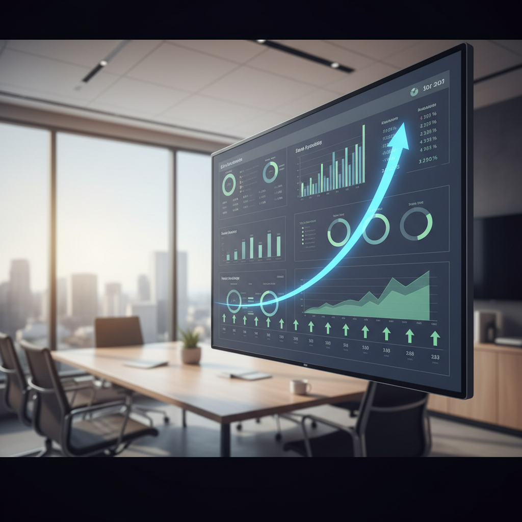 A forward-looking visual showing an upward-curving growth trajectory overlaid on a business dashboard, symbolizing sustained exponential momentum and strategic progress