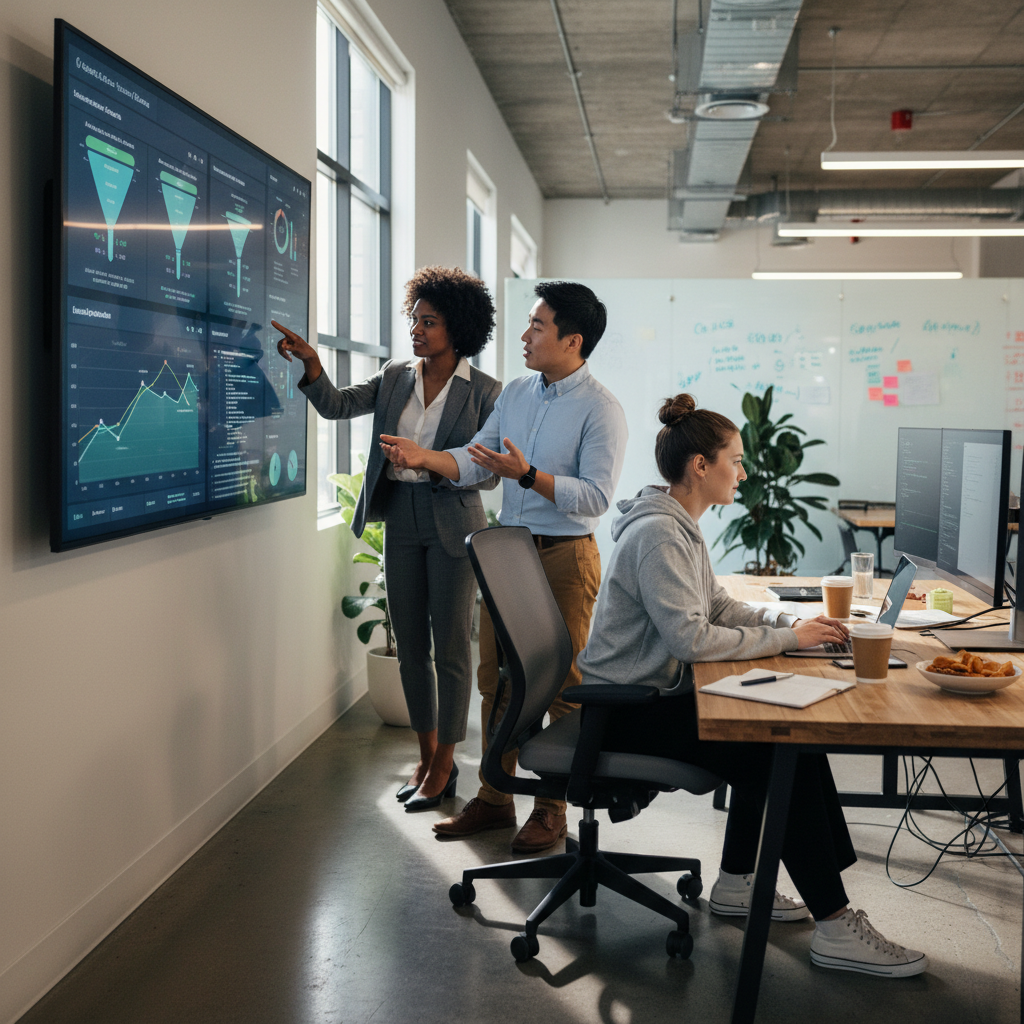 A diverse cross-functional growth team collaborating around a data dashboard, showing roles like data analyst, product manager, and growth engineer working together in a modern office setting