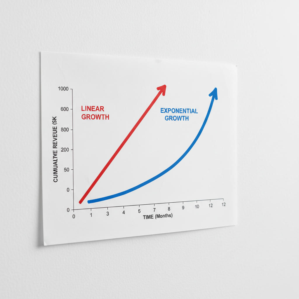 A side-by-side chart comparing a straight linear growth line against a sharply curving exponential growth curve, set against a clean white background with labeled axes showing time and revenue.