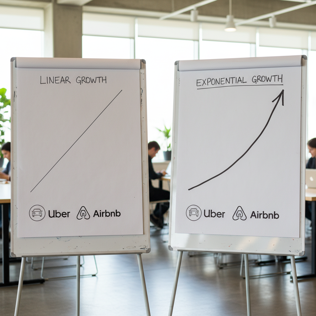 A split visual comparing linear vs. exponential growth curves, overlaid with logos of platform companies like Uber and Airbnb to illustrate real-world scale