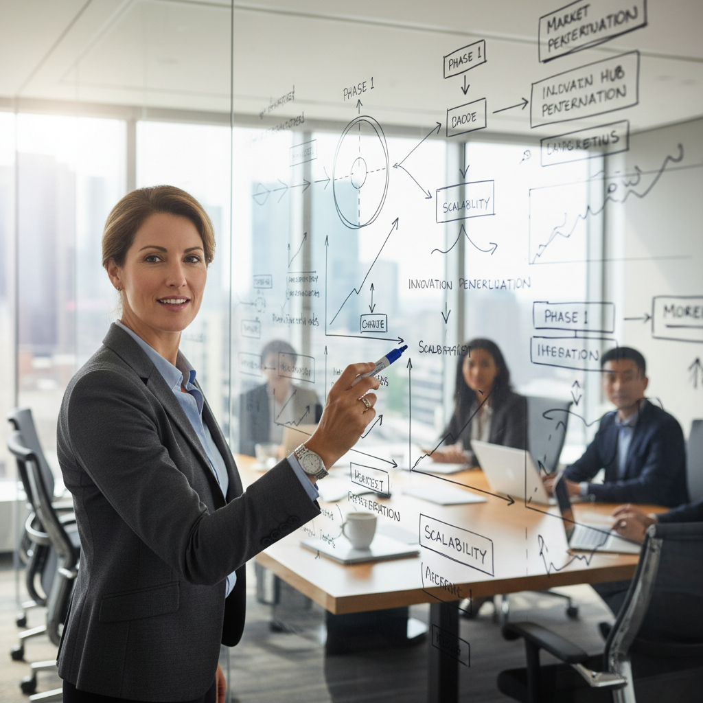A business leader standing at a whiteboard covered in growth curves and strategic frameworks, conveying vision and forward-thinking leadership in a modern boardroom setting