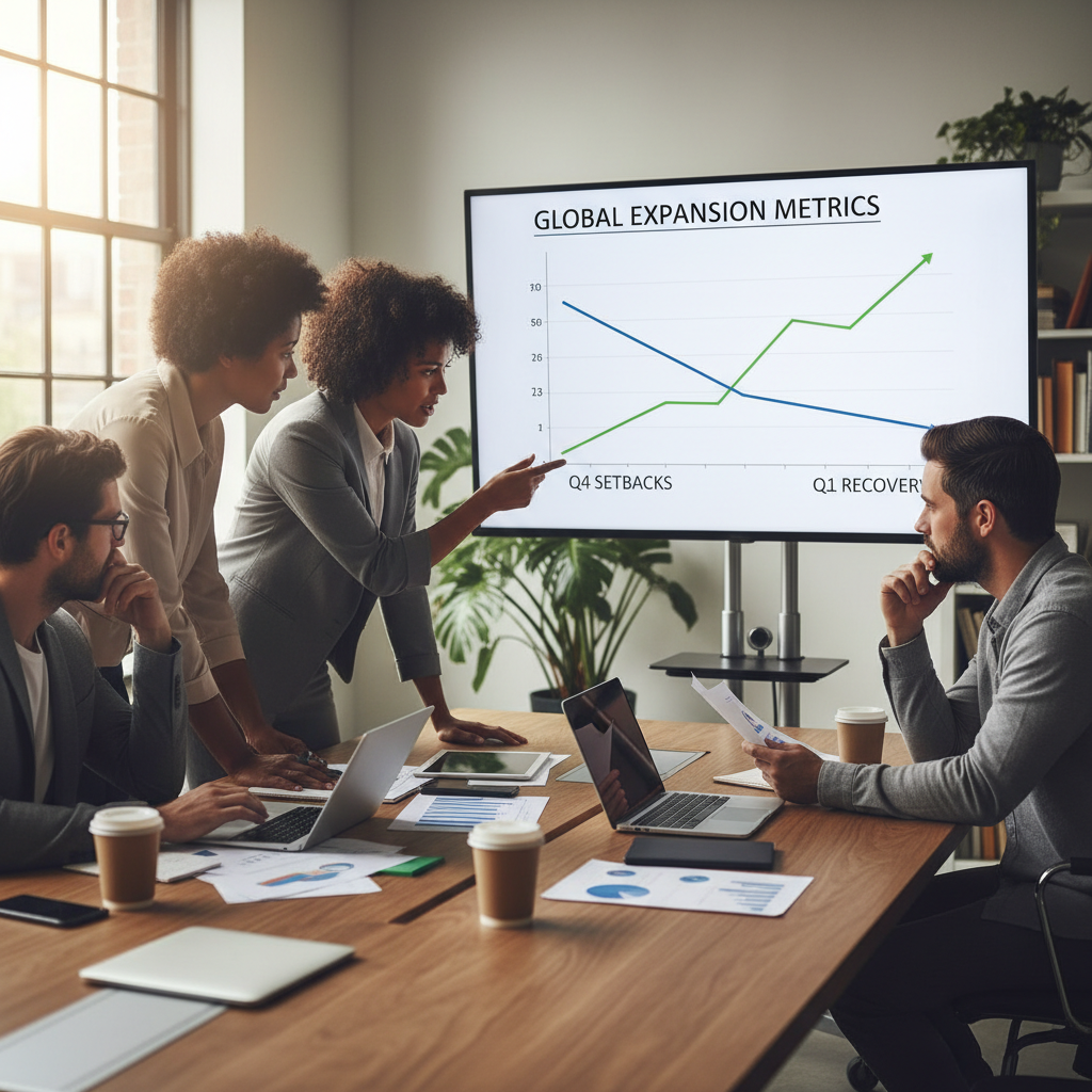 A team in a strategy session reviewing growth charts on a large screen, showing both setbacks and recovery trends, conveying resilience during rapid expansion