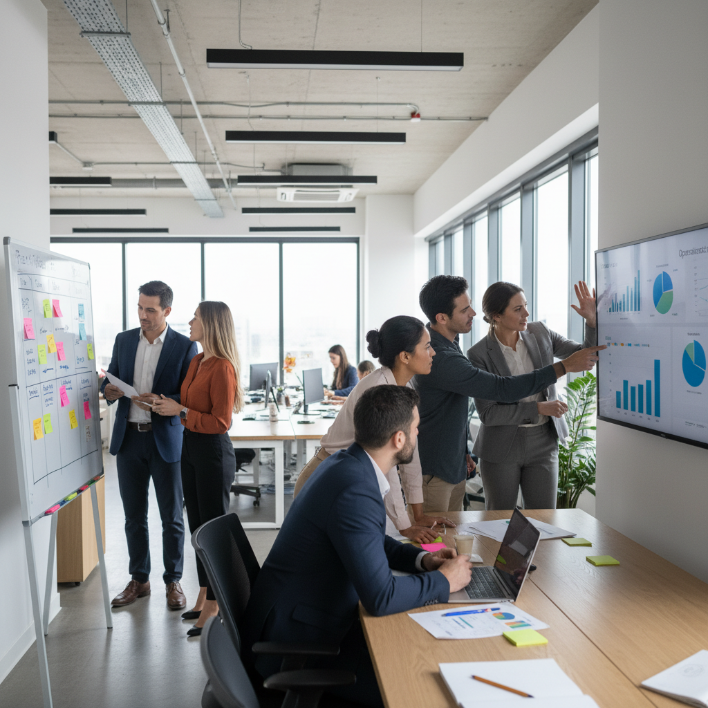 A team reviewing operational dashboards and sprint boards in a modern open office, illustrating the bridge between strategy and day-to-day execution